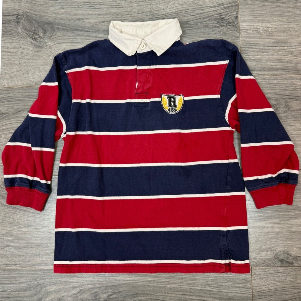 Y2K Route 66 Kids Rugby Shirt Size 6/7 Red Navy Striped Long Sleeve Collared #15